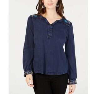 Style & Co Embroidery Trimmed Cotton Denim Top Sunshine Navy XS